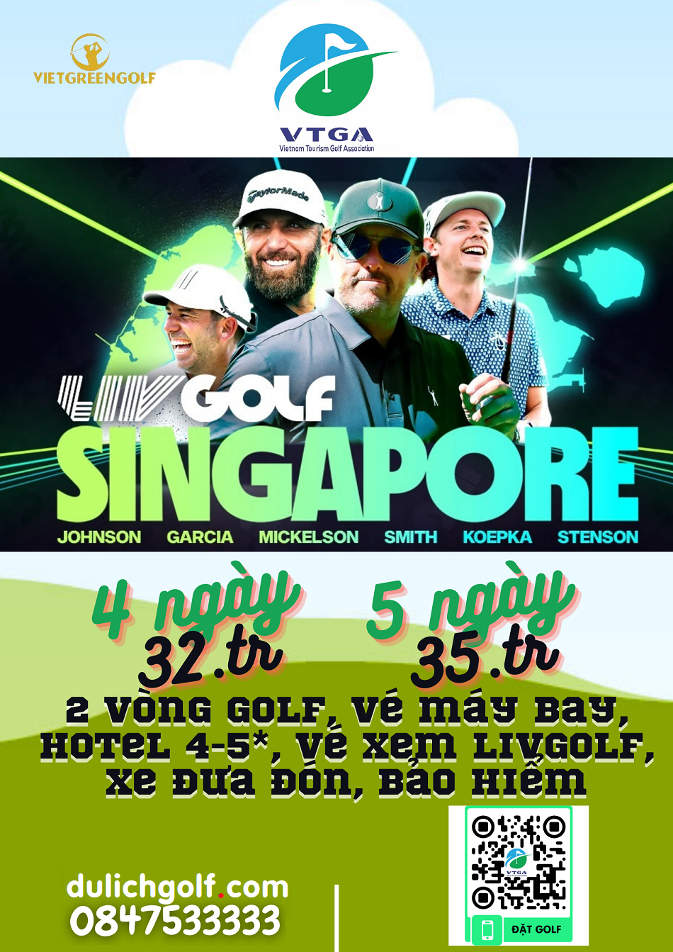 Tour xem Golf LIV Singapore 4 ngày 2 vòng golf, ks 4 sao, vé xem LIV 2 ngày, VIP