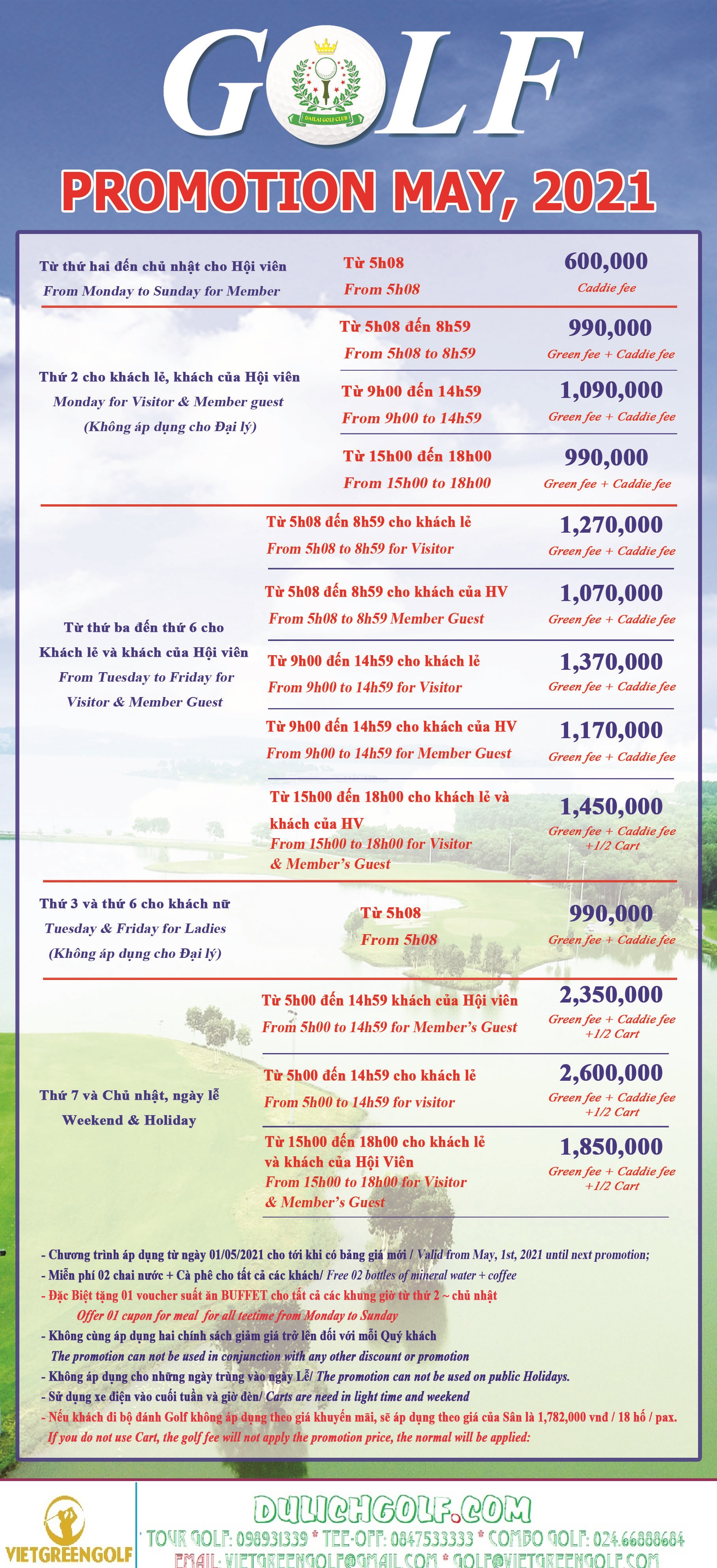 Bảng giá dịch vụ khách sạn và sân golf của Đại Lãi Golf Club, Viet Green Golf 